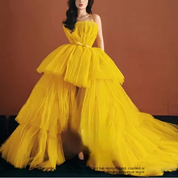 Francouzský Elegantní Žluté Večerní Ok Sladké Popruh Šaty Odstupňovanou Dort Party Šaty Nádherné Quinceanera Maturitní Ples Plesové Šaty