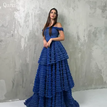 Qanz Modrá Dubaj Tyl Večerní Šaty Off Rameno Límcem-Vrstvené Ruched Dlouhé Průvod Šaty Pro Ženy Party Šaty Ženy