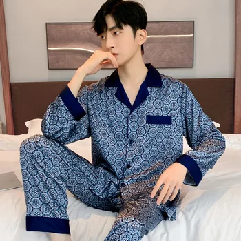 Muž Satén Tlačítko Pyžamo s Kalhoty Oblek 2Pieces oblečení na Spaní Letní Modrý Tisk Pijama
