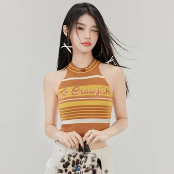 Dopamin Slim Ležérní dámská Košilka Letter Stripe Sexy Halter Top Letní Pletené Oříznuté dámské šortky korejský Streetwear