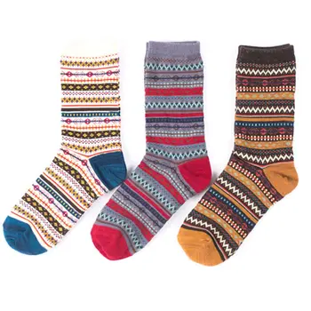 3 Páry Korejské Dámské Etnické Vlnité Pruhy Bavlněné Posádky Ponožky Tlusté Teplé Zimní Ležérní V Kontrastní Barvě Vintage Harajuku Pletené, Stávkové Zboží
