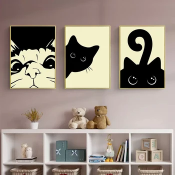 Plátno Obraz Abstraktní Zvířata Kreslený Roztomilé Kočky Silueta Plakáty, Tisky Umění Nástěnné Obrázky Pro Obývací Pokoj, Dětský Pokoj Dekor