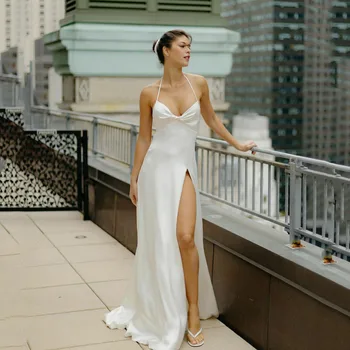 Jednoduché Bílé Svatební Šaty Roku 2023 Sexy Ohlávka s hlubokým Výstřihem Side Rozdělit Nevěsta Šaty Přizpůsobit Pro měření Robe De Mariee Ohromující