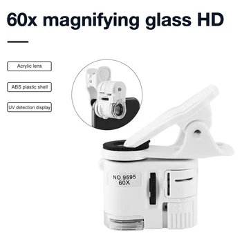 Univerzální Klip Mikroskop 60X LED Šperky Zvětšovací Sklo na Mobilní Telefon Klip se Zaměřením Upravena Kapesní Mikroskop s UV Světlo