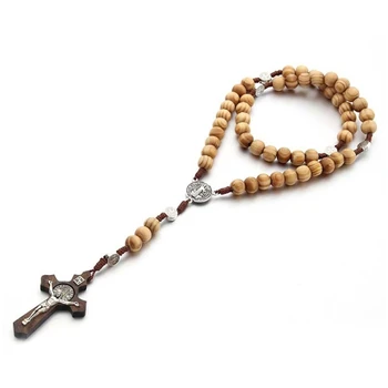 Dřevěné Korálky Růžence Katolické Náhrdelníky Přívěsek Kříž Křesťanské Modlitby Náboženské Šperky Dárek pro Muže, Ženy