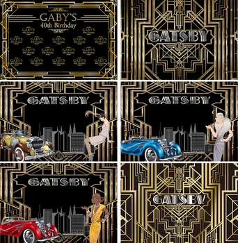 Velký Gatsby Téma Narozeninovou Oslavu Fotografie, Pozadí, Černá, Zlatá Linka Přizpůsobit Narozeninové Party Dekor Pozadí, Banner