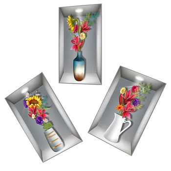 3ks Květinové Samolepky na Zeď Rostliny v Květináčích 3D Stěna Nálepky na Home Office, Dekorace