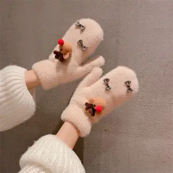 Kawaii Vánoční Full Finger Rukavice Ženy, Dívka Zimní Sníh Luk Plyšové Rukavice Roztomilý Medvěd Rukavice Teplé Zahustit Pletené Rukavice Dárky