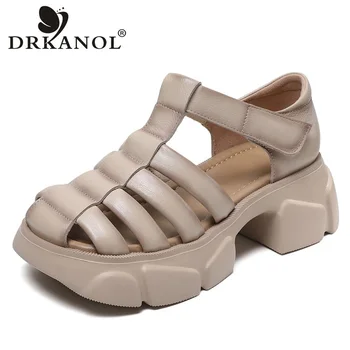 DRKANOL 2023 Ženy Gladiator Sandály Luxusní Design Pravé Kůže Tlustý Podpatek Platforma Sandály Ženy Letní Robustní Boty Retro
