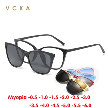 VCKA Kočičí Oko Ženy Krátkozrakost Brýle 6 V 1 Polarizovaný Magnetický Klip Na Brýle Optické Předpis Brýlové obruby -0.5~-6.0