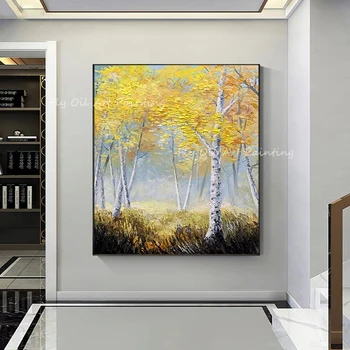 100% ručně vyrobené žlutá strom lesní krajina hustý olej plátno obraz abstraktní obývací pokoj, jídelna-pokoj zdi žádné rámce
