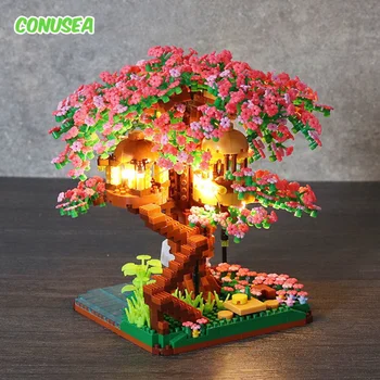 Mini Sakura Strom, Stavební Bloky, Sady Diy Cherry Blossom Cihel s Lehkou Treehouse Model, Ornament, Romantický Dárek pro Přítelkyni