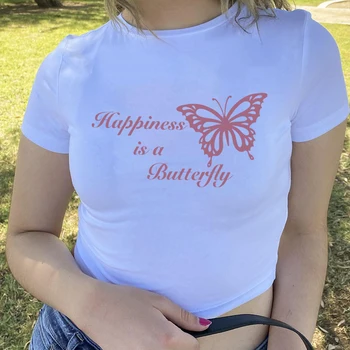 Lana Del Rey Štěstí Je Motýl Y2k Vybaveny Oříznuté Tričko Ženy Trendi Dětské Tričko Streetwear Y2k Topy
