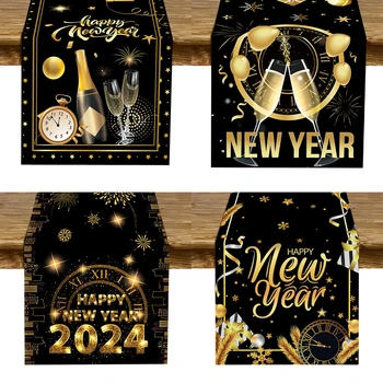 Černé Zlato Party Dekorace Happy New Year Stůl Runner Dveře Závěs Pozadí pro Domácí Dekoraci na Nový Rok 2024 Zásoby Strany