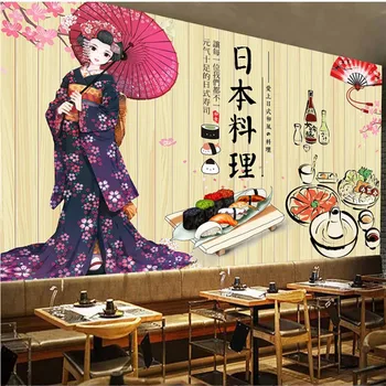 Japonská Gejša Kuchyně Téma tapety 3D Sushi Restauraci Průmyslové Dekor Žluté Dřevěné Prkno Texturou Tapety Nástěnné 3D