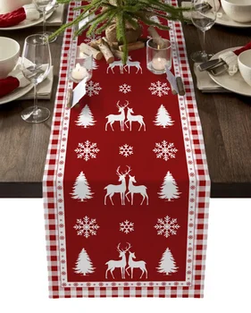 Vánoční Vločka Elk Červené Kostkované Stůl Runner pro Jídelní Stůl Decor Svatební Ubrus Domácí Party Dekor prostírání