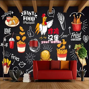 Tabuli Ručně malované Smažené Kuřecí Burger, Hranolky Wall Paper Fast Food Restaurace, Snack Bar Průmyslové Dekor Nástěnné Tapety 3D