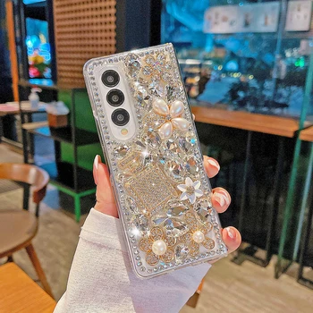Vymazat Telefon Případ pro Samsung Galaxy Z Fold5 Z Fold4 3 2 Luxusní Glitter Drahokamu Pearl Květina Parfém Láhev Diamant Zadní Kryt